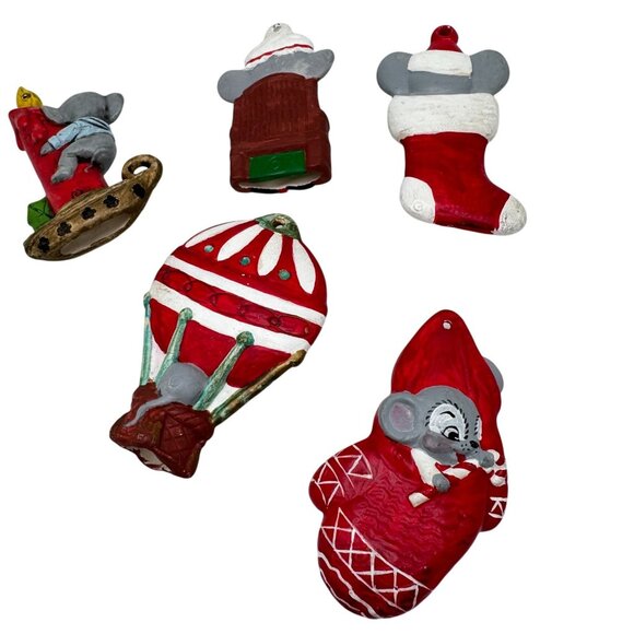 Vtg 5 Pc Hand-Painted Christmas Mouse Ornaments Ceramic Holiday Tree - Picture 11 of 12